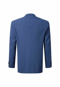 Blaues Jackett von hinten gesehen, mit einer glatten Textur, zwei Knöpfen und taillierter Passform mit geschlitzten Revers und seitlichen Lüftungen.