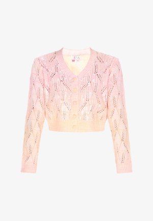 Vaaleanpunainen lyhyt neuletakki, joka on valmistettu kudotusta kankaasta ja jossa on timanttikuosi. Takissa on nappikiinnitys edessä ja teksturoitu pinta.