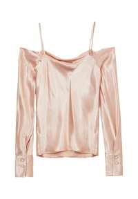 Helles rosa Satin-Oberteil mit schulterfreiem Schnitt, dünnen Trägern, langen Ärmeln und Knopfdetails an den Bündchen. Glatte Textur und drapierter Schnitt.