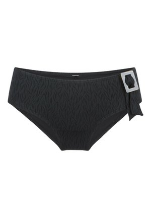 Parte inferiore di bikini nera con un motivo testurizzato che ricorda le onde, dotata di un laccio laterale con un accento in fibbia quadrata. Tessuto liscio.