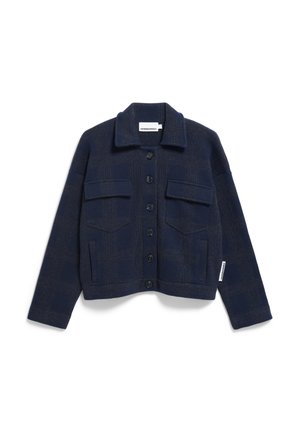 Navy blue cropped jacket made of textured fabric, featuring front button closure, two chest pockets, and a classic collar.