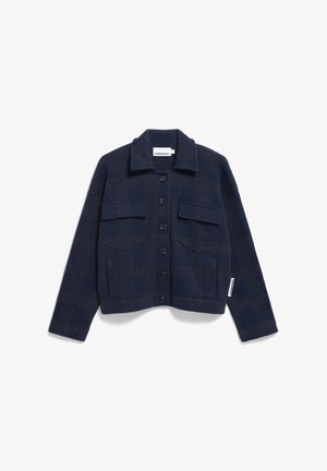 Marineblaues, gekürztes Jacket aus strukturiertem Stoff, mit vorderem Knopfverschluss, zwei Brusttaschen und klassischem Kragen.