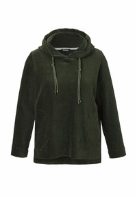 Hoodie en velours côtelé vert avec une grande capuche, des poches avant et des détails à cordon de serrage. Tissu texturé et coupe décontractée.