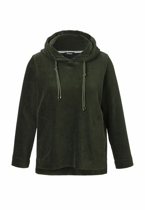 Grüne Cord-Hoodie mit großer Kapuze, Fronttaschen und Kordelzugdetails. Strukturierter Stoff und lockere Passform.