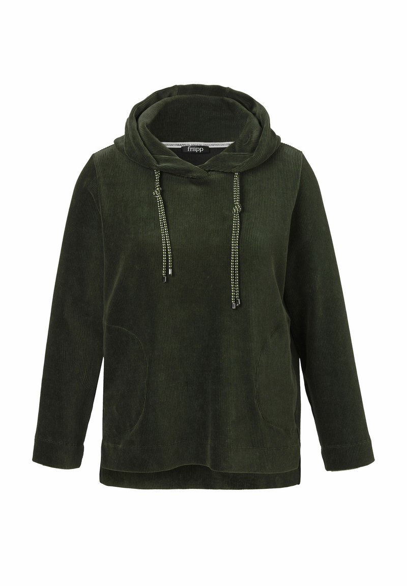 Hoodie en velours côtelé vert avec une grande capuche, des poches avant et des détails à cordon de serrage. Tissu texturé et coupe décontractée.