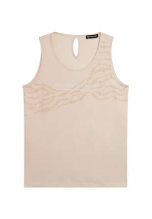 Top sportivo beige senza maniche con motivo a onde sul petto e scritta "FREDDY TRAINING" centrata sotto l'apertura del collo.