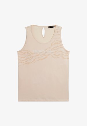 Top sportivo beige senza maniche con motivo a onde sul petto e scritta "FREDDY TRAINING" centrata sotto l'apertura del collo.