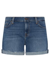 Shorts en denim bleu foncé, avec un ourlet effiloché et des revers. Comprend des poches avant et une fermeture à bouton en métal.