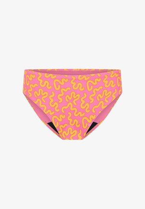 Bas de maillot de bain rose avec un motif ondulé jaune, fabriqué en matière extensible. Il présente une taille élastique et des découpes latérales avec des accents noirs.