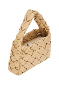 Beige woven leather handbag with a braided handle, zip closure, and textured surface. Features a compact rectangular shape.