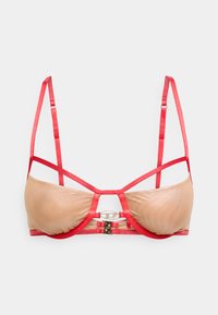 Ταν και κόκκινο σουτιέν με λεία υφή, διαθέτοντας δομημένο σχέδιο, ρυθμιζόμενες τιράντες και κεντρική διακοσμητική λεπτομέρεια από hardware.