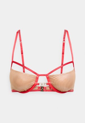 Smešano smešane i crvene grudnjake s glatkom teksturom, koji ima strukturirani dizajn, podesive trakice i središnji ukrasni dodatak.