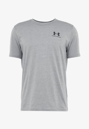 Gray short-sleeve t-shirt made of soft material, featuring a black Under Armour logo on the left chest area. Simple, round neckline.