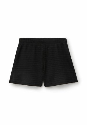 Shorts en tissu texturé noir avec une taille élastique, des jambes droites et un motif discret en grille.