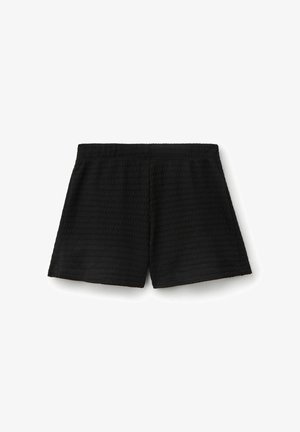 Shorts en tissu texturé noir avec une taille élastique, des jambes droites et un motif discret en grille.