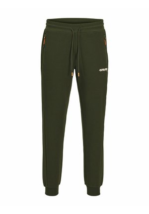Olijfgroene joggers met elastische tailleband, verstelbare trekkoord, zijzakken met oranje ritsen en geribde boorden. Voorzien van logo-detail.