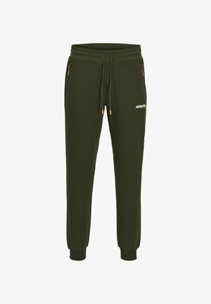 Olivgrüne Jogginghosen mit elastischem Bund, verstellbarem Kordelzug, seitlichen Taschen mit orangenen Reißverschlüssen und gerippten Bündchen. Mit Logodetail.