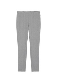 Pantaloni grigi chiari, a lunghezza intera, slim-fit con cuciture verticali visibili sulla parte anteriore, senza tasche o bottoni visibili.