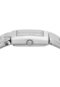 Edelstahl-Armbanduhr mit einem rechteckigen Gehäuse, klarem Glasfront, runder Krone und gebürsteter Oberfläche. Verfügt über ein schlankes, minimalistisches Design.