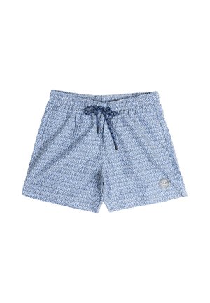 Bañador corto con patrón geométrico azul y blanco, cintura elástica y cordón negro, con un emblema redondo de ancla en la pierna.