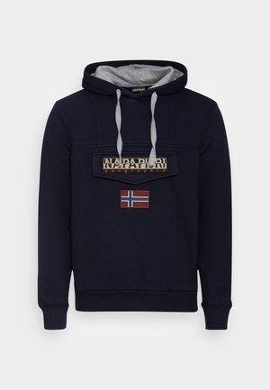 Dunkelblauer Kapuzenpullover mit grauem Kapuzenfutter, Fronttasche und besticktem Logo. Verfügt über ein norwegisches Flaggenabzeichen auf der Taschenpartie.