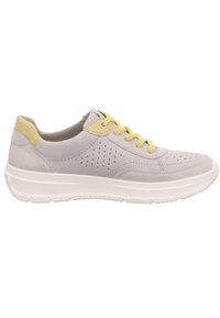 Light grey sneaker made of suede with yellow laces and accents. Features perforated design and a white rubber sole for cushioning.