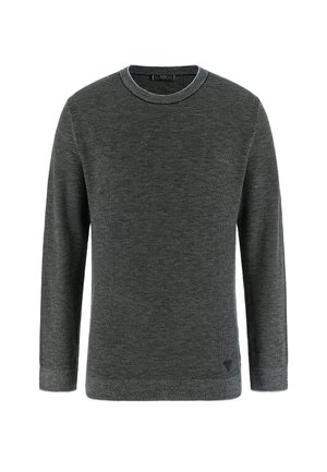 Mørkegrå strikket sweater med lange ærmer, rund halsudskæring, struktureret stof og en lille logo detalje i bunden til venstre.