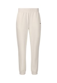 Cremfarbene Jogginghosen mit elastischem Bund, schmal zulaufenden Beinen und einem dezenten Logodetail an der Seite. Hergestellt aus glattem, leichtem Stoff.