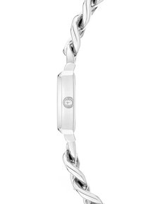 Silver-tone watch with a twisted chain link bracelet. Rectangular watch face, smooth finish, and a central button on the side.