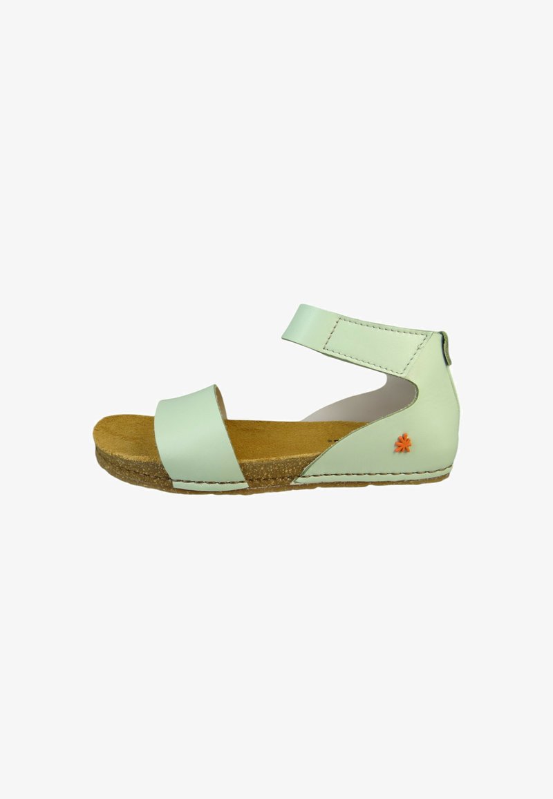 Mint green leather sandal with two wide straps and a cork sole. Features a small orange flower accent near the heel.
