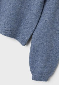 Pull bleu tricoté avec une finition texturée, des poignets côtelés et une coupe décontractée. Matière douce semblable à de la laine, partiellement visible de profil.