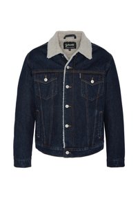 Giacca di jeans blu scuro con colletto foderato in sherpa beige, chiusura frontale con bottoni, due tasche sul petto e dettagli di cucitura a contrasto.