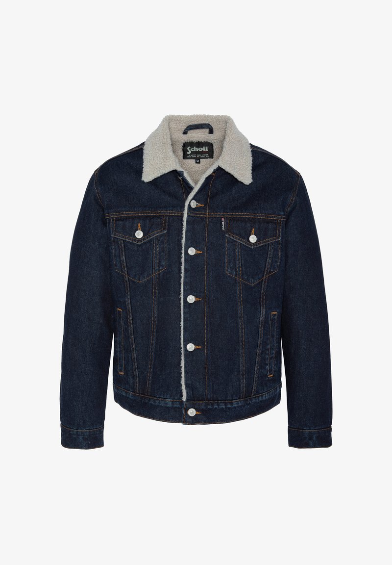 Giacca di jeans blu scuro con colletto foderato in sherpa beige, chiusura frontale con bottoni, due tasche sul petto e dettagli di cucitura a contrasto.