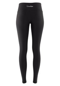 Black leggings with a wide elastic waistband featuring white logo text. Made from stretchy, smooth fabric that contours to the body.