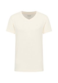 Cremefarbene V-Ausschnitt-T-Shirt aus weichem Stoff. Kurze Ärmel mit einem dezenten Logo auf der Brust. Gerader Saum.