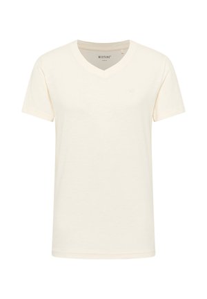 Cream-colored V-neck t-shirt made of soft fabric. Short sleeves with a subtle logo on the chest. Straight-cut hemline.