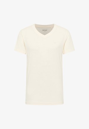Cream-colored V-neck t-shirt made of soft fabric. Short sleeves with a subtle logo on the chest. Straight-cut hemline.