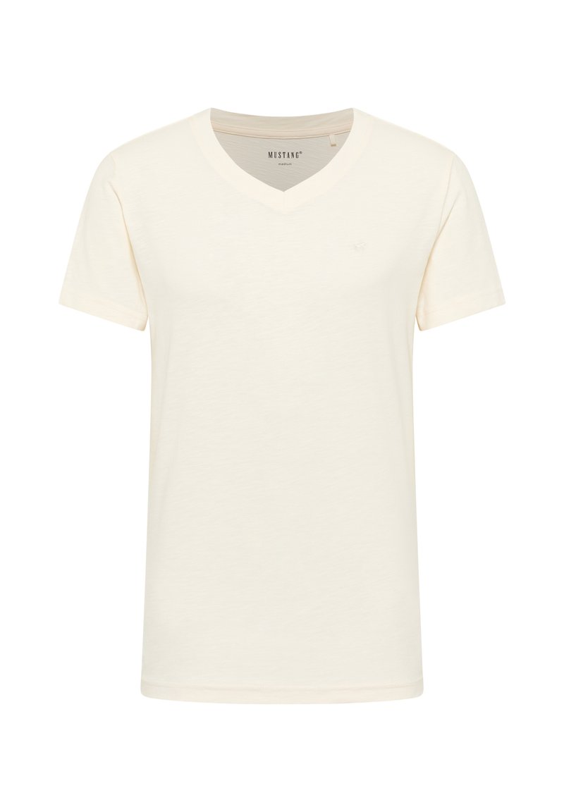 Cremefarbene V-Ausschnitt-T-Shirt aus weichem Stoff. Kurze Ärmel mit einem dezenten Logo auf der Brust. Gerader Saum.