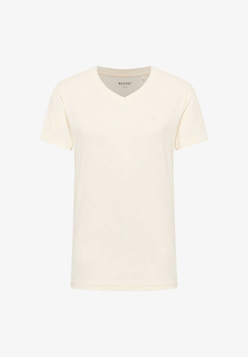 Cremefarbene V-Ausschnitt-T-Shirt aus weichem Stoff. Kurze Ärmel mit einem dezenten Logo auf der Brust. Gerader Saum.