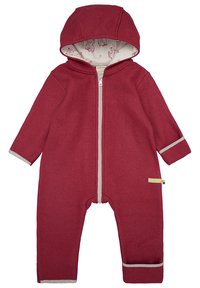 Tutina con cappuccio rosso realizzata in materiale morbido, presenta una cerniera completa, dettagli grigi sui polsini e una fodera con motivo a gufo.