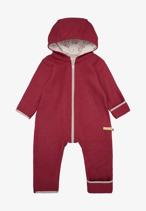Tutina con cappuccio rosso realizzata in materiale morbido, presenta una cerniera completa, dettagli grigi sui polsini e una fodera con motivo a gufo.