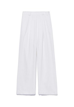 Pantaloni bianchi a vita alta e gamba larga con pieghe davanti, tasche laterali e passanti per cintura, mostrati su uno sfondo bianco uniforme.