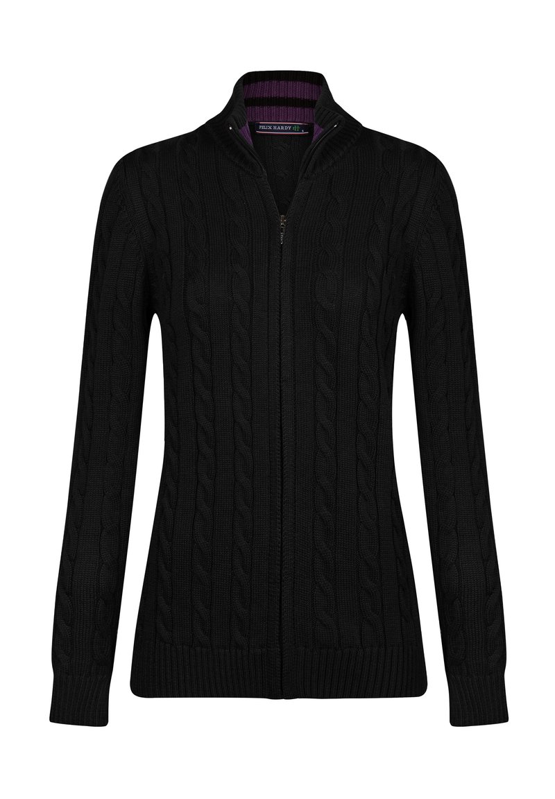 Maglione nero a maglia con colletto alto e zip a lunghezza totale. Caratterizzato da un motivo testurizzato e da polsini e orlo a costine. Foderato con dettagli viola.