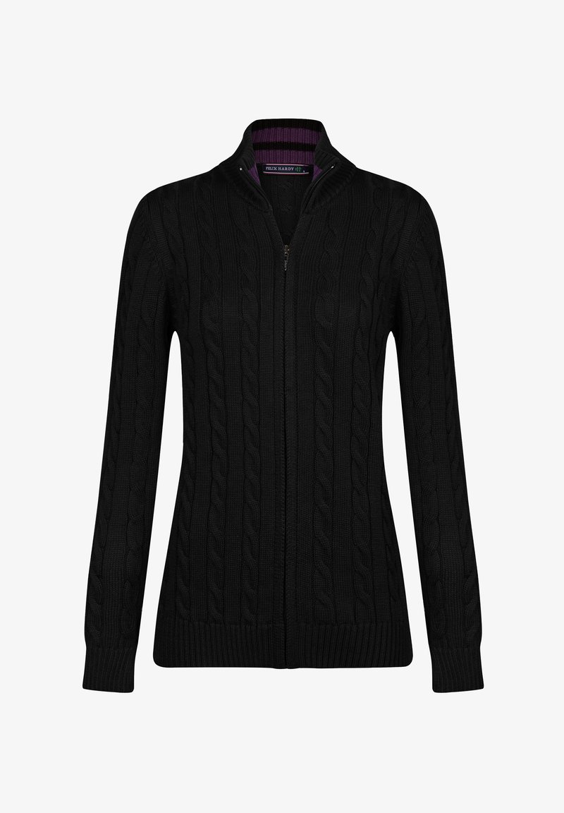 Schwarzer Strickpullover mit hohem Kragen und durchgehendem Reißverschluss. Verfügt über ein strukturiertes Muster sowie gerippte Bündchen und Saum. Mit lila Akzenten gefüttert.