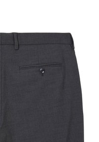 Dunkelgraue Hosen mit glatter Textur, klassischem Design und einer Gesäßtasche mit einem einzigen Knopfverschluss.