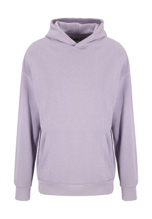 Sudadera con capucha en mezcla de algodón de color lavanda claro, que presenta un bolsillo tipo canguro en la parte delantera y puños y dobladillo acanalados. Diseño simple y de corte holgado.