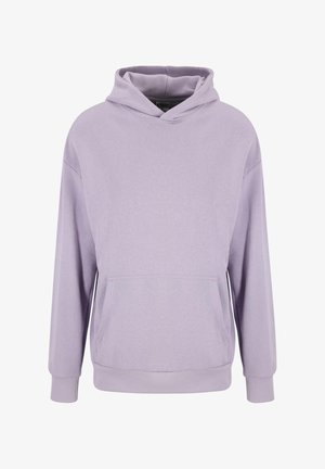 Hooded sweatshirt in light lavender cotton blend, featuring a front kangaroo pocket and ribbed cuffs and hem. Simple, relaxed fit design.