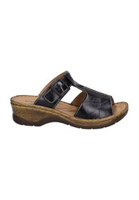 Sandal in pelle nera slip-on con design open toe, cinturino regolabile con fibbia e suola contornata in un elegante marrone texture.