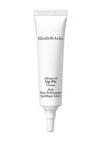 Biała, elastyczna tubka kremu do ust Elizabeth Arden Advanced Lip-Fix Cream. Na przedniej stronie czarnym tekstem znajduje się nazwa produktu oraz opis w dwóch językach.