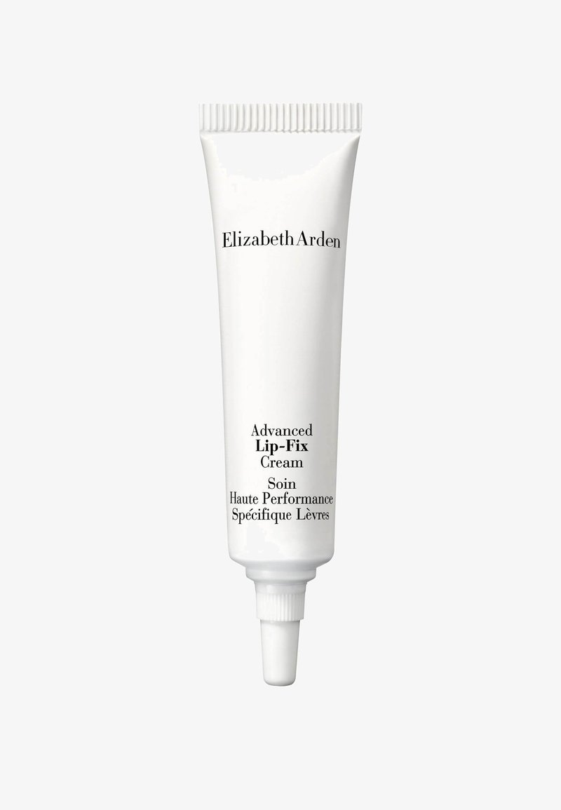 Biała, elastyczna tubka kremu do ust Elizabeth Arden Advanced Lip-Fix Cream. Na przedniej stronie czarnym tekstem znajduje się nazwa produktu oraz opis w dwóch językach.